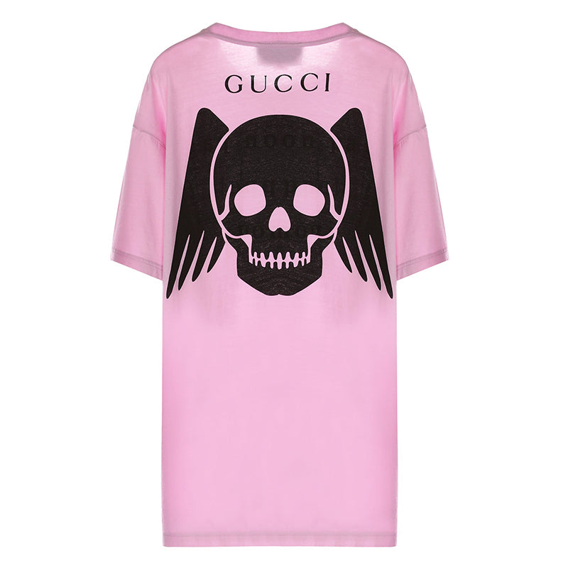 XS NEW $690 GUCCI Lilac Pink BLACK WINGED SKULL LOGO Oversize TEE T-SHIRT TOP