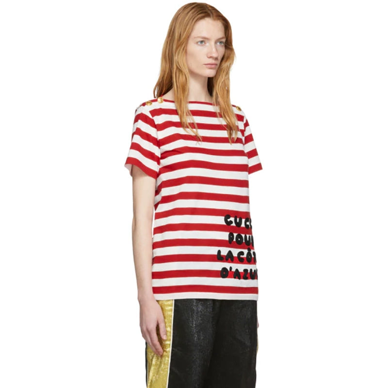 XS NEW $1,100 GUCCI Red White Striped POUR LA COTE D'AZUR Patch Cotton TEE TOP