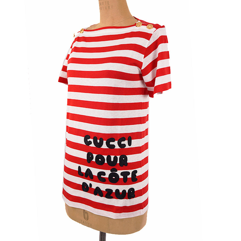 XS NEW $1,100 GUCCI Red White Striped POUR LA COTE D'AZUR Patch Cotton TEE TOP