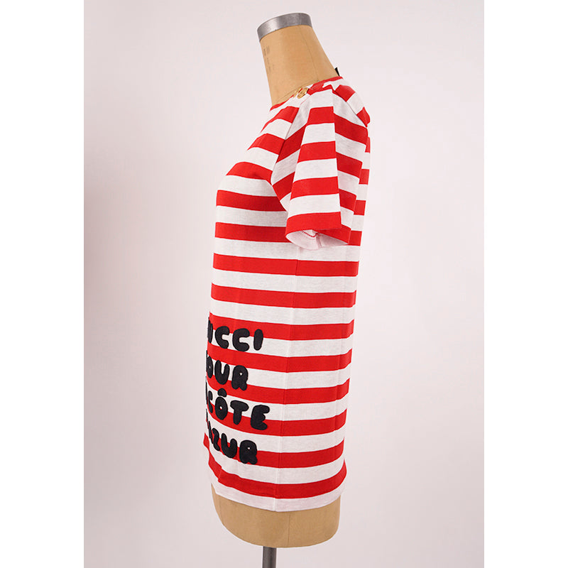 XS NEW $1,100 GUCCI Red White Striped POUR LA COTE D'AZUR Patch Cotton TEE TOP
