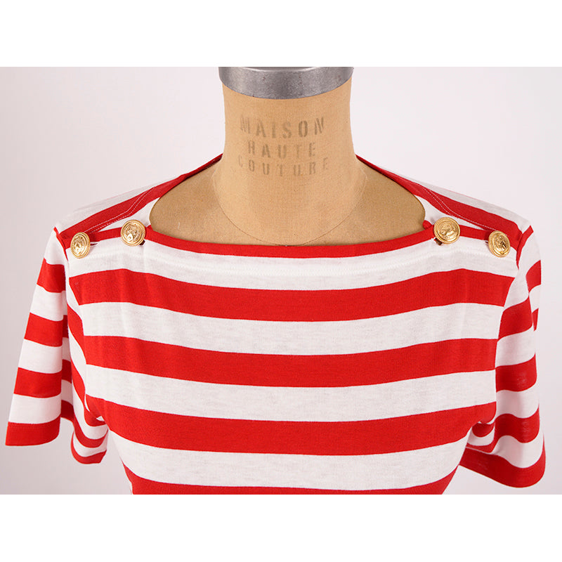 XS NEW $1,100 GUCCI Red White Striped POUR LA COTE D'AZUR Patch Cotton TEE TOP