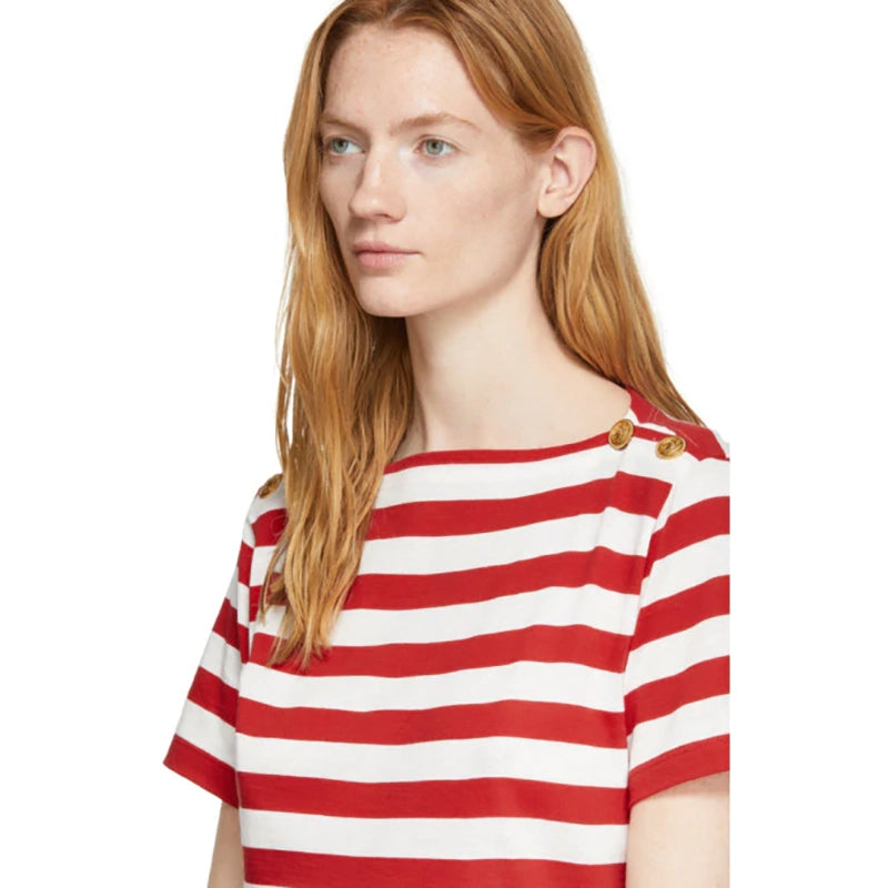 XS NEW $1,100 GUCCI Red White Striped POUR LA COTE D'AZUR Patch Cotton TEE TOP