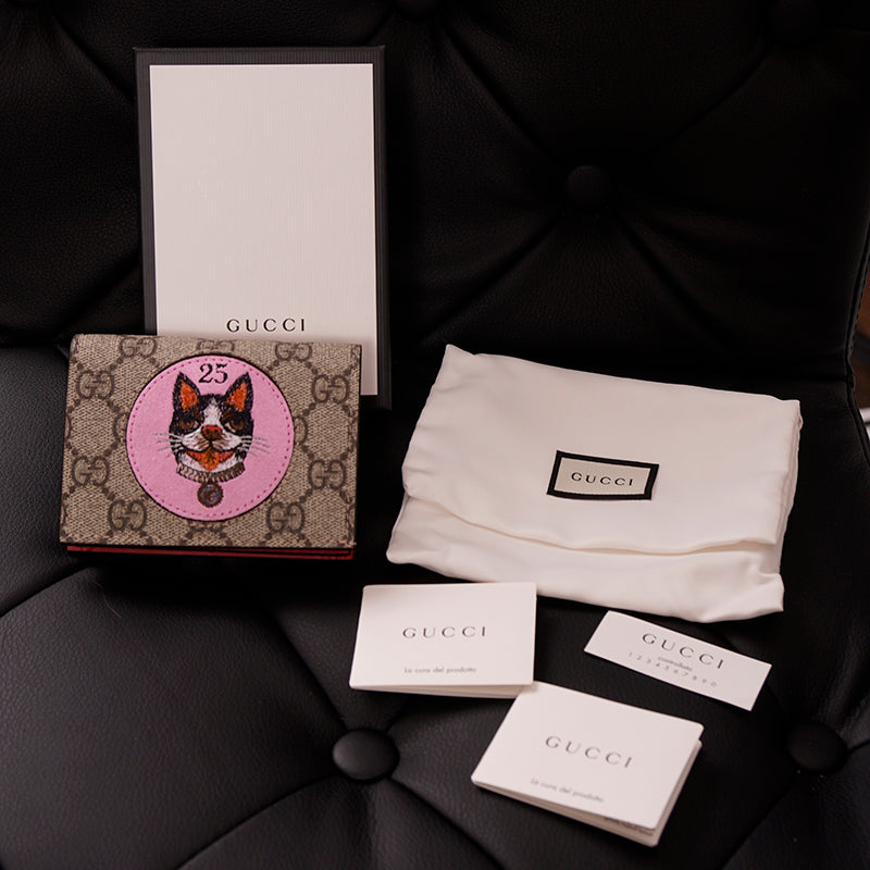 NEW $495 GUCCI GG Supreme Canvas GG Logo BOSCO DOG PATCH Snap Card Case WALLET