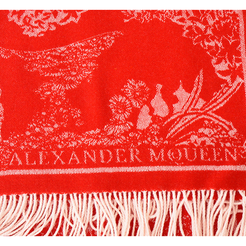 NEW $895 ALEXANDER MCQUEEN Red & Ivory DREAMING SKULL Print WOOL-BLEND Scarf