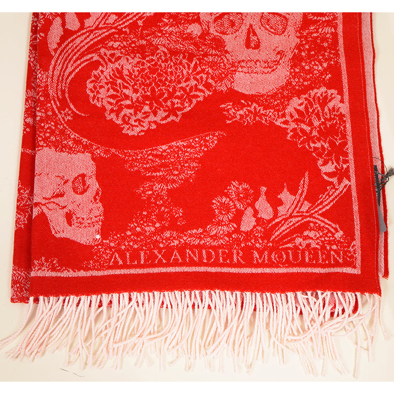 NEW $895 ALEXANDER MCQUEEN Red & Ivory DREAMING SKULL Print WOOL-BLEND Scarf
