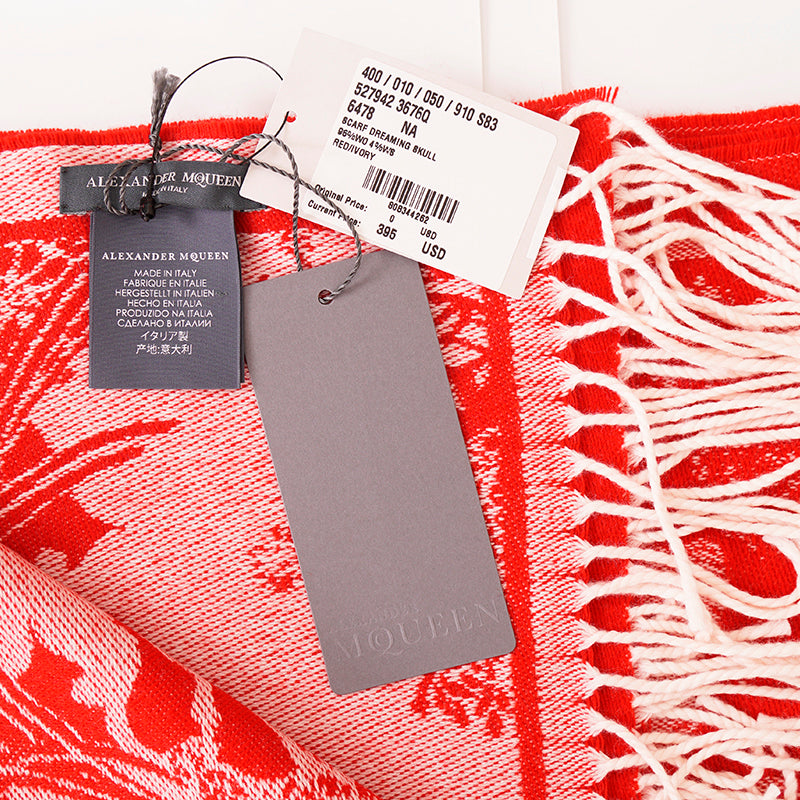 NEW $895 ALEXANDER MCQUEEN Red & Ivory DREAMING SKULL Print WOOL-BLEND Scarf