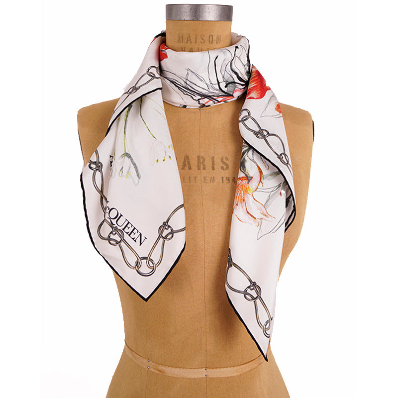NEW $395 ALEXANDER MCQUEEN White Silk Satin ENDANGERED FLOWER SKULL 35" SCARF
