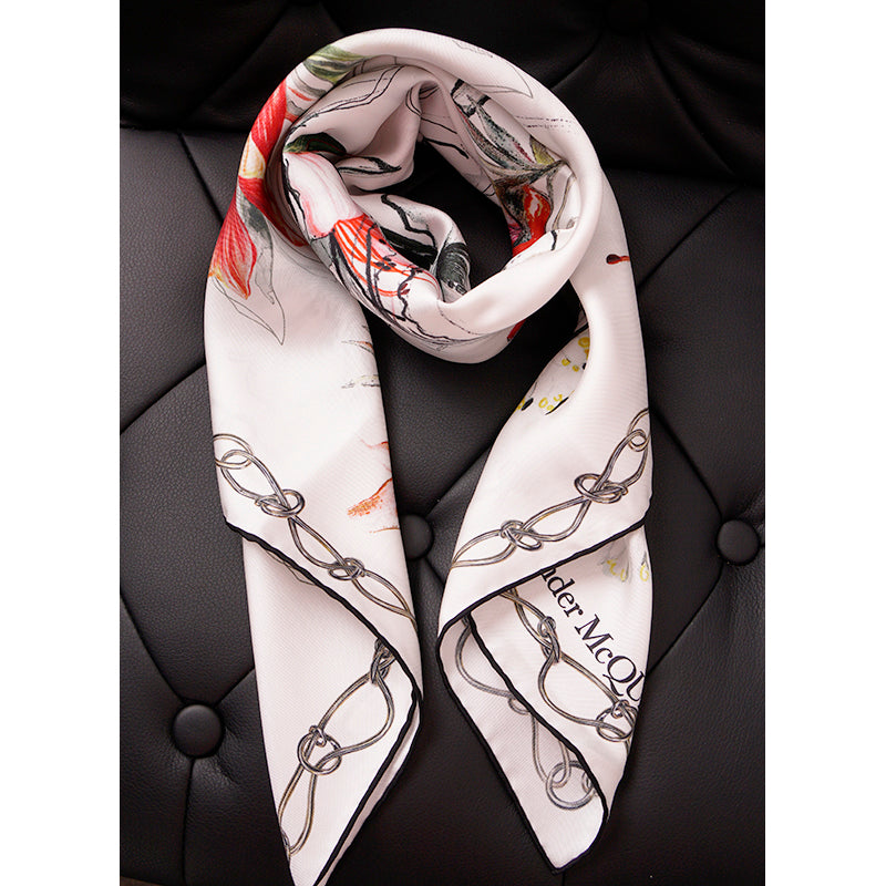 NEW $395 ALEXANDER MCQUEEN White Silk Satin ENDANGERED FLOWER SKULL 35" SCARF