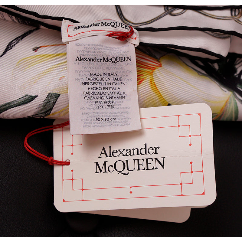 NEW $395 ALEXANDER MCQUEEN White Silk Satin ENDANGERED FLOWER SKULL 35" SCARF