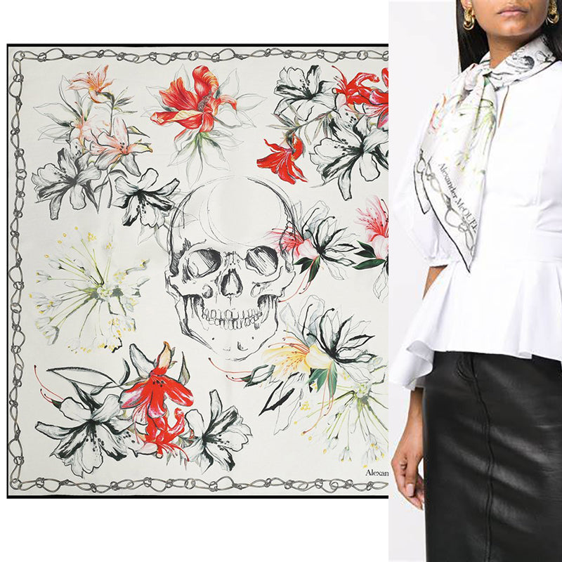 NEW $395 ALEXANDER MCQUEEN White Silk Satin ENDANGERED FLOWER SKULL 35" SCARF