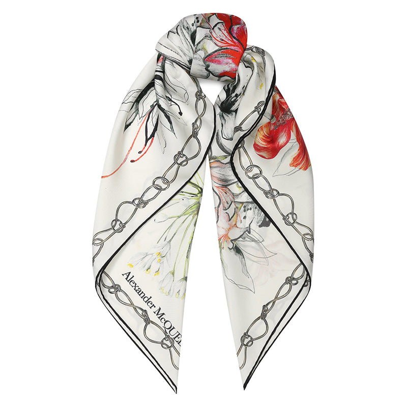 NEW $395 ALEXANDER MCQUEEN White Silk Satin ENDANGERED FLOWER SKULL 35" SCARF
