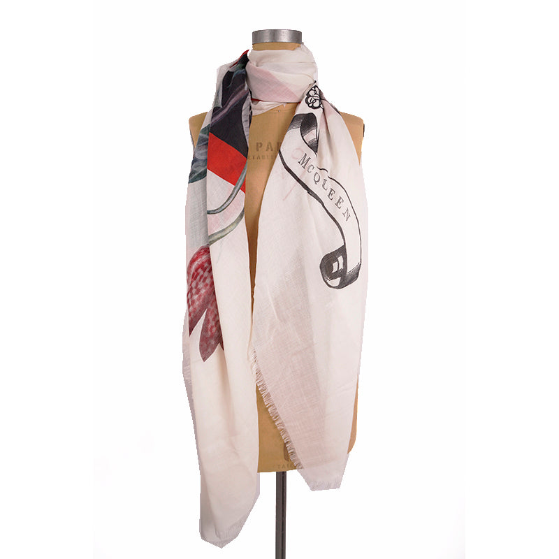 NEW $720 ALEXANDER MCQUEEN Ivory WILD FLOWERS Skull LONGDON Wool Shawl SCARF NWT