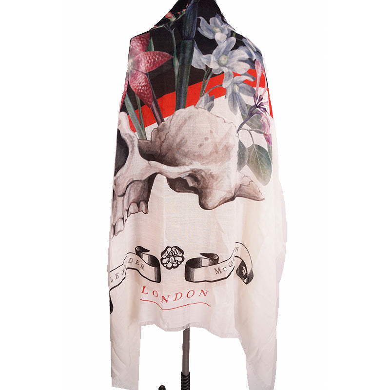 NEW $720 ALEXANDER MCQUEEN Ivory WILD FLOWERS Skull LONGDON Wool Shawl SCARF NWT