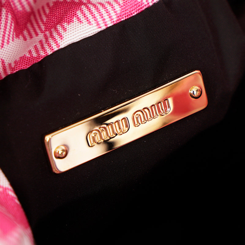 NEW $495 MIU MIU CLUB LOGO PATCH Pink White Gingham Drawstring Small BUCKET BAG