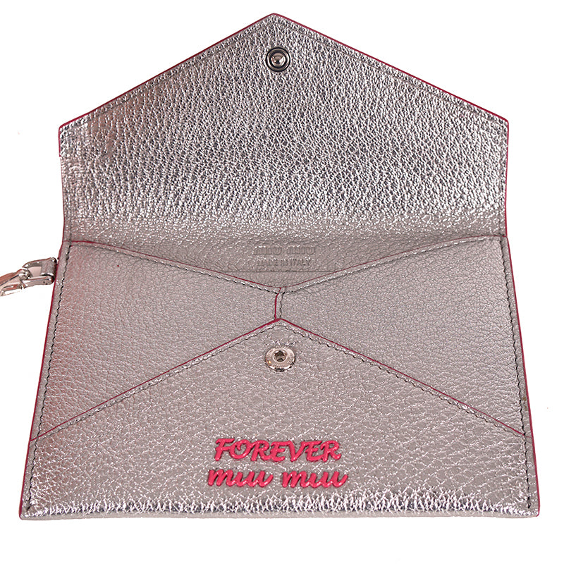 NEW $550 MIU MIU Silver Cromo FOREVER HEART Envelope Madras WRISTLET WALLET NIB