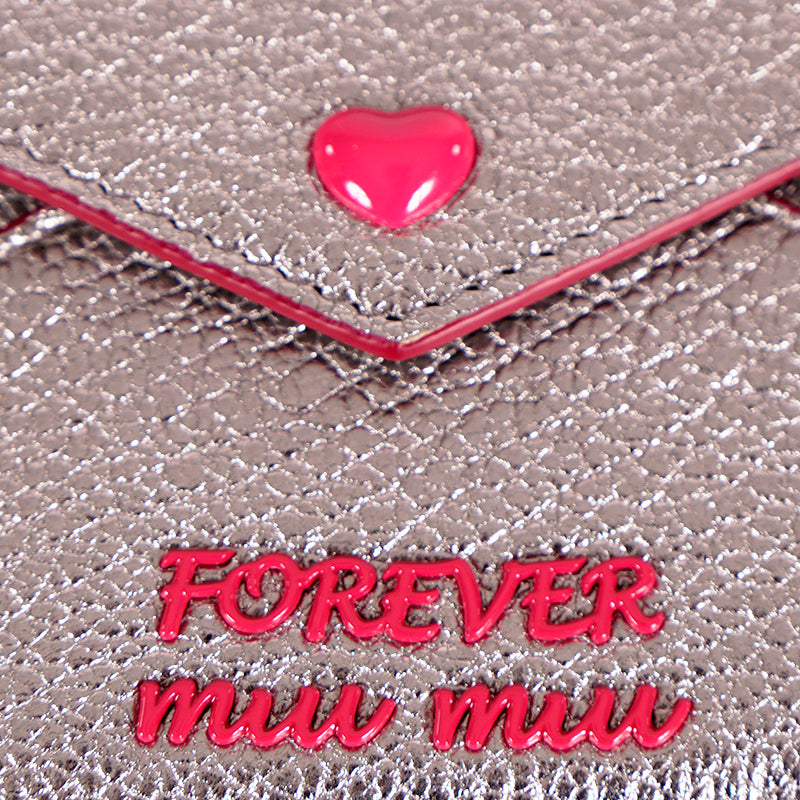 NEW $550 MIU MIU Silver Cromo FOREVER HEART Envelope Madras WRISTLET WALLET NIB