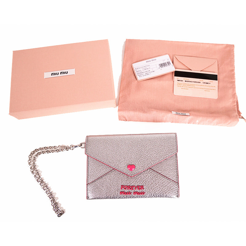 NEW $550 MIU MIU Silver Cromo FOREVER HEART Envelope Madras WRISTLET WALLET NIB