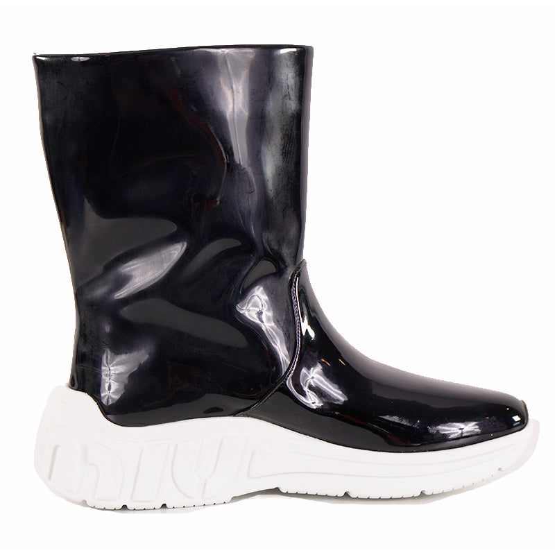 sz 37 NEW $1150 MIU MIU Black Fx Patent RETRO M LOGO Pull On SPORTY RAIN BOOTS 7