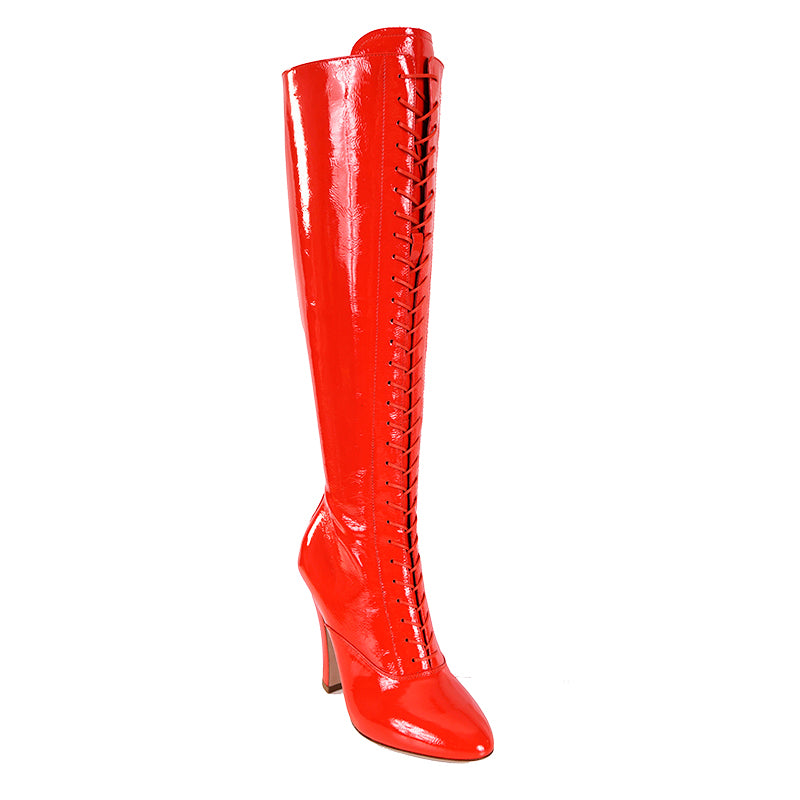37 NEW $1850 MIU MIU Red PATENT LEATHER Vintage LACE-UP KNEE HIGH Runway BOOTS