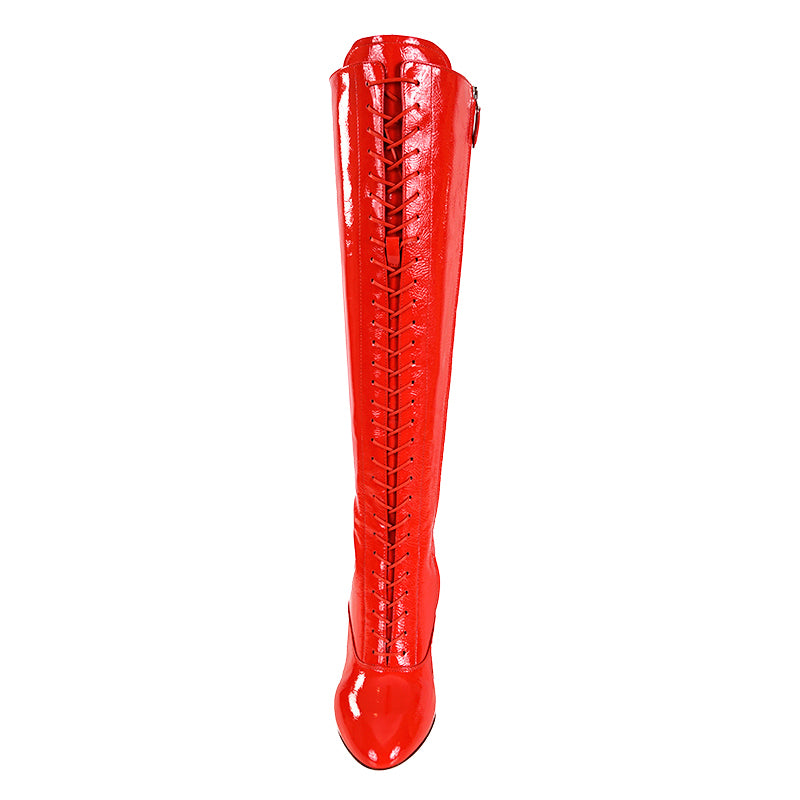 37 NEW $1850 MIU MIU Red PATENT LEATHER Vintage LACE-UP KNEE HIGH Runway BOOTS