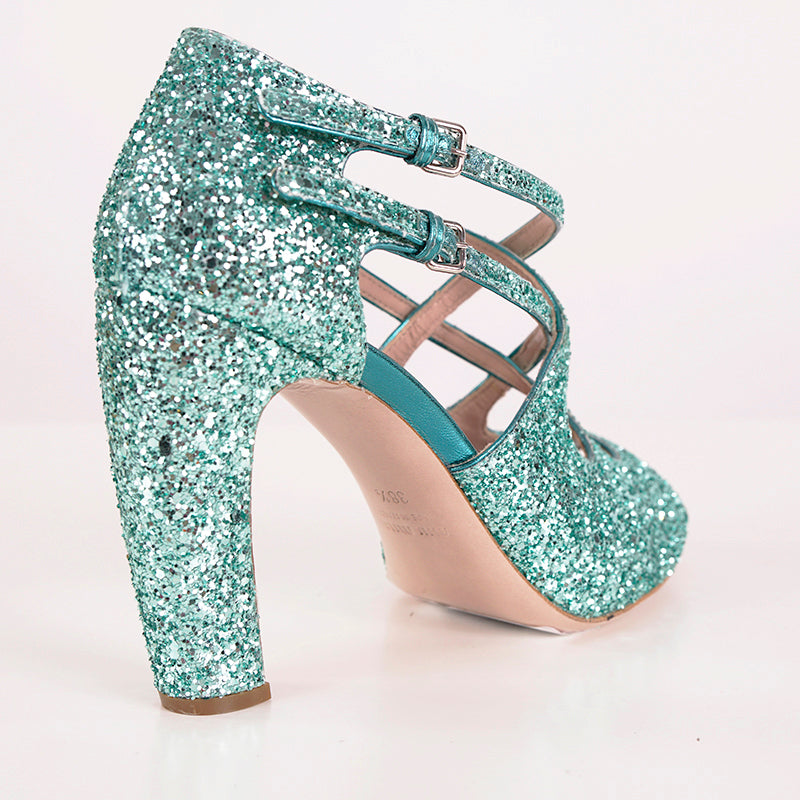 36.5 & 38.5 NEW $850 MIU MIU Aqua GLITTER 15 Strappy HIGH HEEL SANDALS