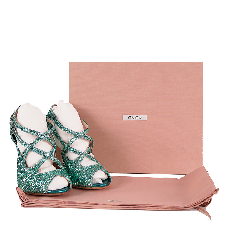 36.5 & 38.5 NEW $850 MIU MIU Aqua GLITTER 15 Strappy HIGH HEEL SANDALS