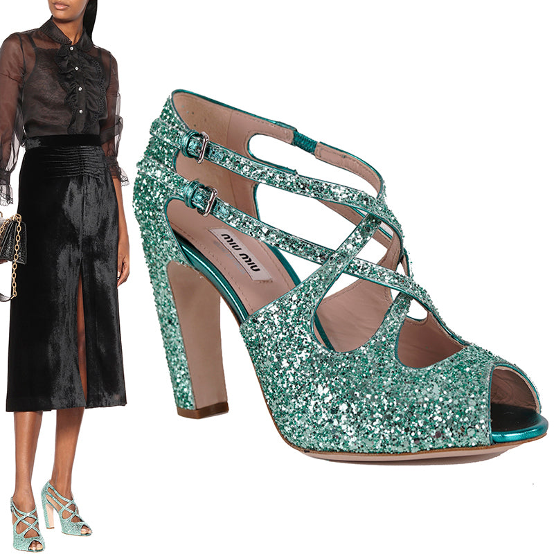 36.5 & 38.5 NEW $850 MIU MIU Aqua GLITTER 15 Strappy HIGH