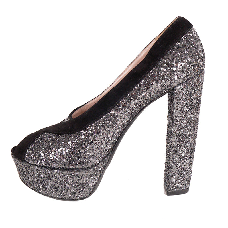 39.5 & 40 NEW $890 MIU MIU Gray Glitter Platform Peep Toe Heels with Black Suede Trim