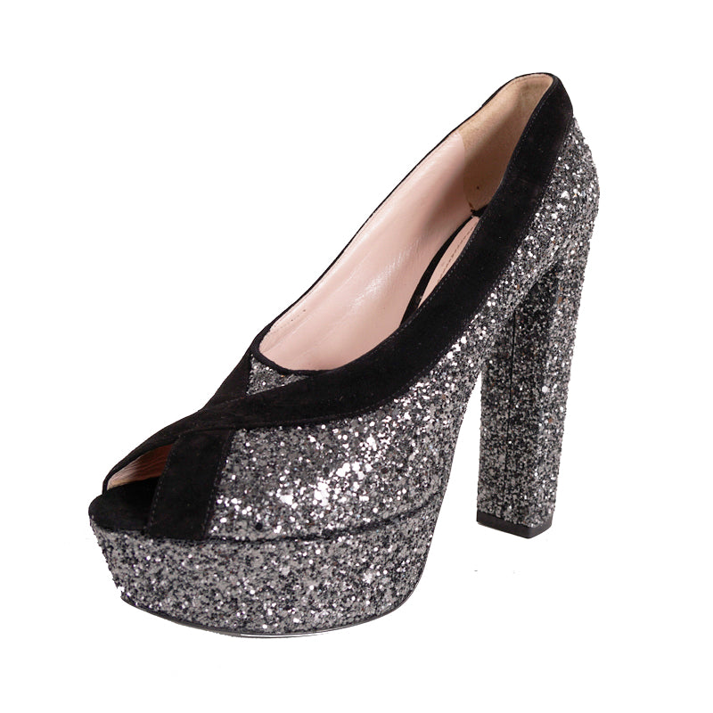 39.5 & 40 NEW $890 MIU MIU Gray Glitter Platform Peep Toe Heels with Black Suede Trim