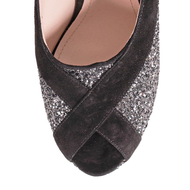 39.5 & 40 NEW $890 MIU MIU Gray Glitter Platform Peep Toe Heels with Black Suede Trim