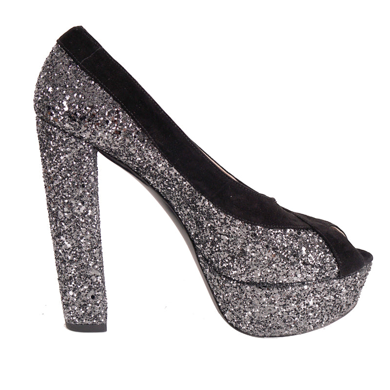 39.5 & 40 NEW $890 MIU MIU Gray Glitter Platform Peep Toe Heels with Black Suede Trim