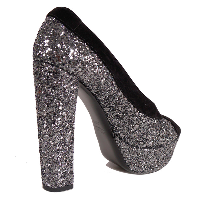 39.5 & 40 NEW $890 MIU MIU Gray Glitter Platform Peep Toe Heels with Black Suede Trim