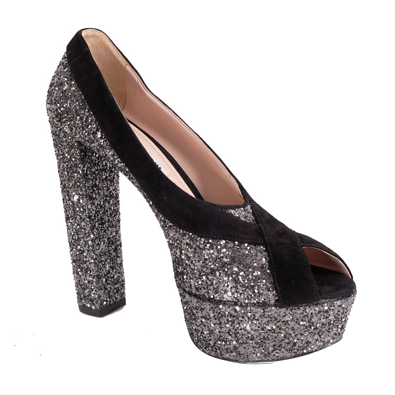 39.5 & 40 NEW $890 MIU MIU Gray Glitter Platform Peep Toe Heels with Black Suede Trim