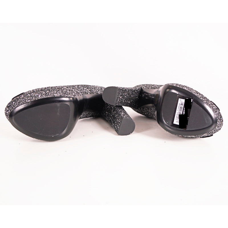 39.5 & 40 NEW $890 MIU MIU Gray Glitter Platform Peep Toe Heels with Black Suede Trim