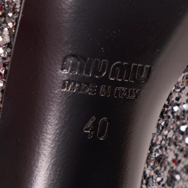 39.5 & 40 NEW $890 MIU MIU Gray Glitter Platform Peep Toe Heels with Black Suede Trim