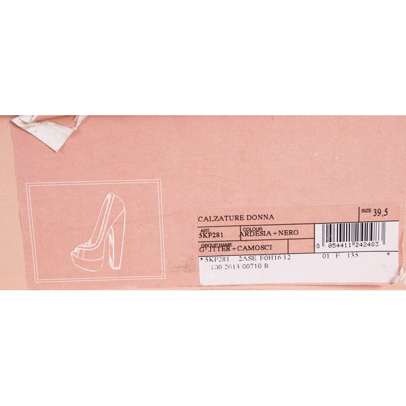 39.5 & 40 NEW $890 MIU MIU Gray Glitter Platform Peep Toe Heels with Black Suede Trim
