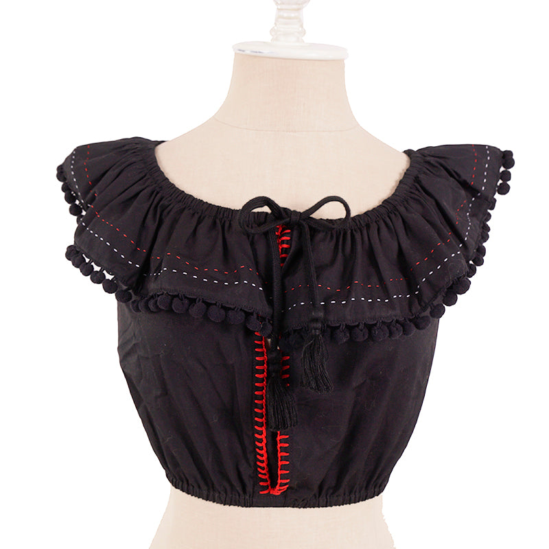 sz 38 NEW $835 MIU MIU Black Cotton Poplin POMPOM TRIMMED Blouse CROPPED TOP XS
