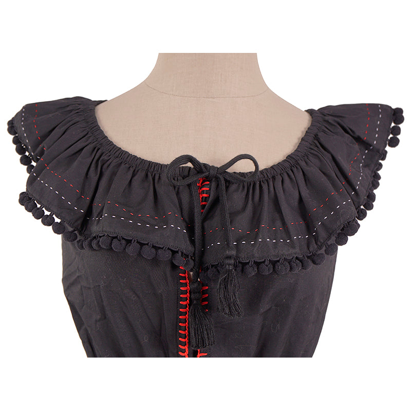 sz 38 NEW $835 MIU MIU Black Cotton Poplin POMPOM TRIMMED Blouse CROPPED TOP XS