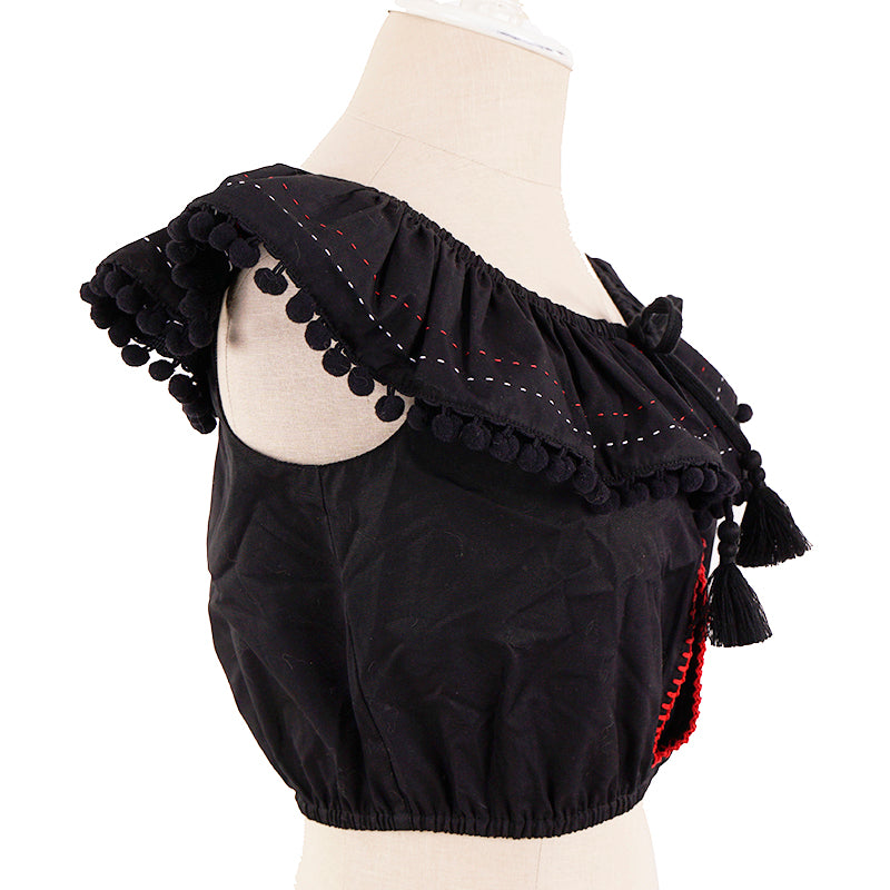 sz 38 NEW $835 MIU MIU Black Cotton Poplin POMPOM TRIMMED Blouse CROPPED TOP XS