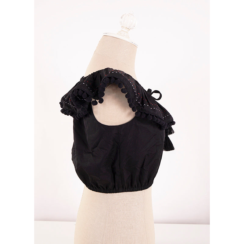 sz 38 NEW $835 MIU MIU Black Cotton Poplin POMPOM TRIMMED Blouse CROPPED TOP XS