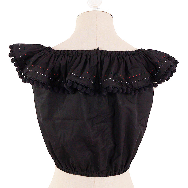 sz 38 NEW $835 MIU MIU Black Cotton Poplin POMPOM TRIMMED Blouse CROPPED TOP XS
