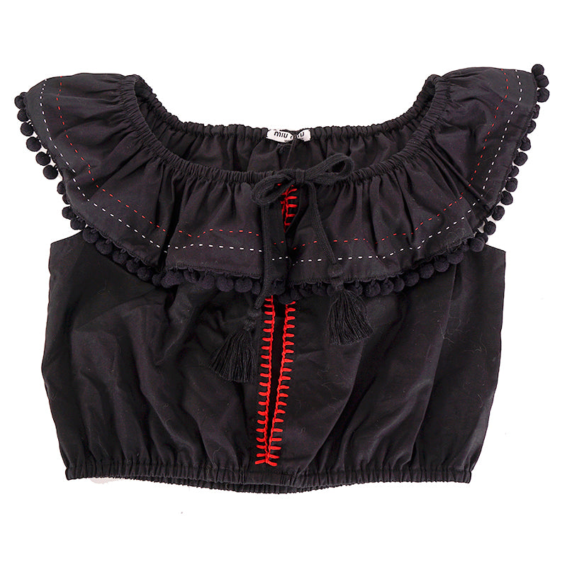 sz 38 NEW $835 MIU MIU Black Cotton Poplin POMPOM TRIMMED Blouse CROPPED TOP XS