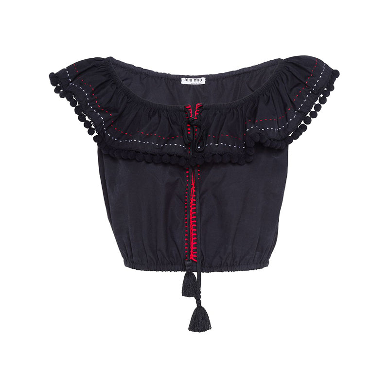 sz 38 NEW $835 MIU MIU Black Cotton Poplin POMPOM TRIMMED Blouse CROPPED TOP XS