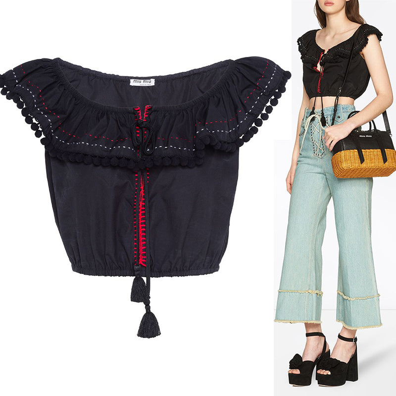 sz 38 NEW $835 MIU MIU Black Cotton Poplin POMPOM TRIMMED Blouse CROPPED TOP XS