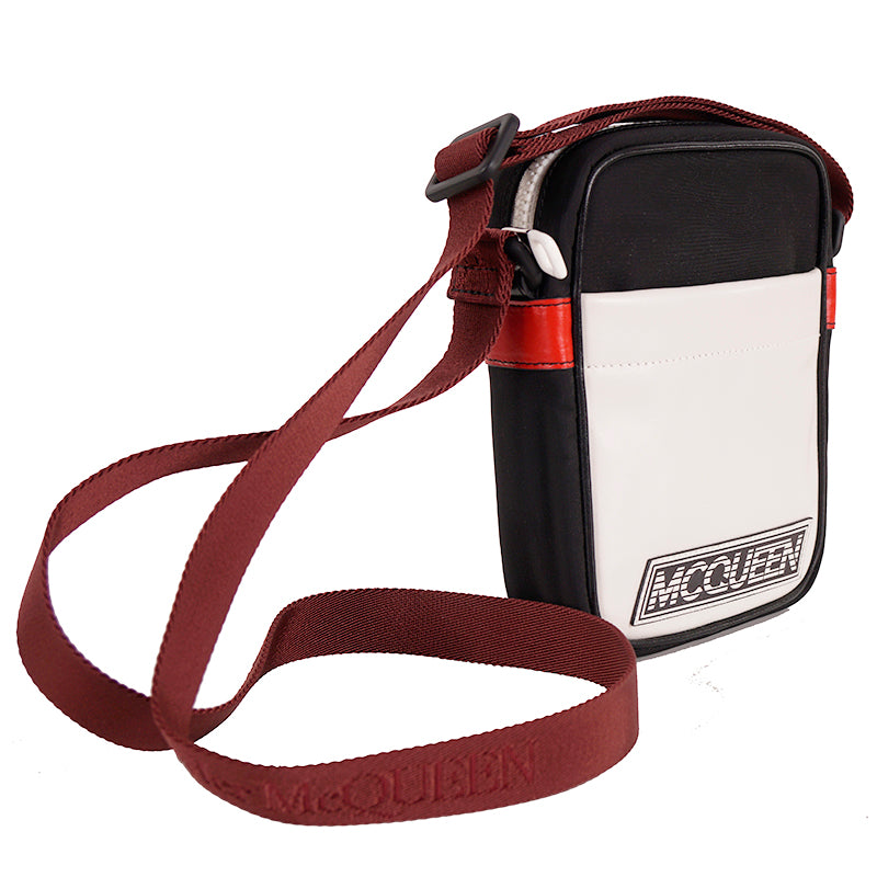 NEW $890 ALEXANDER MCQUEEN Black Nylon WHITE LEATHER SPORTY LOGO Crossbody BAG