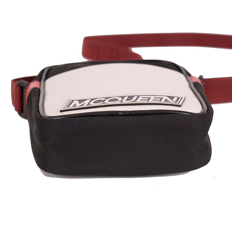 NEW $890 ALEXANDER MCQUEEN Black Nylon WHITE LEATHER SPORTY LOGO Crossbody BAG
