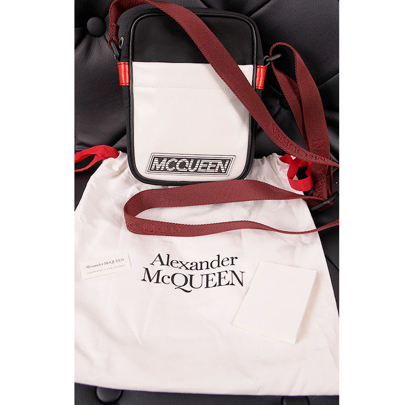 NEW $890 ALEXANDER MCQUEEN Black Nylon WHITE LEATHER SPORTY LOGO Crossbody BAG