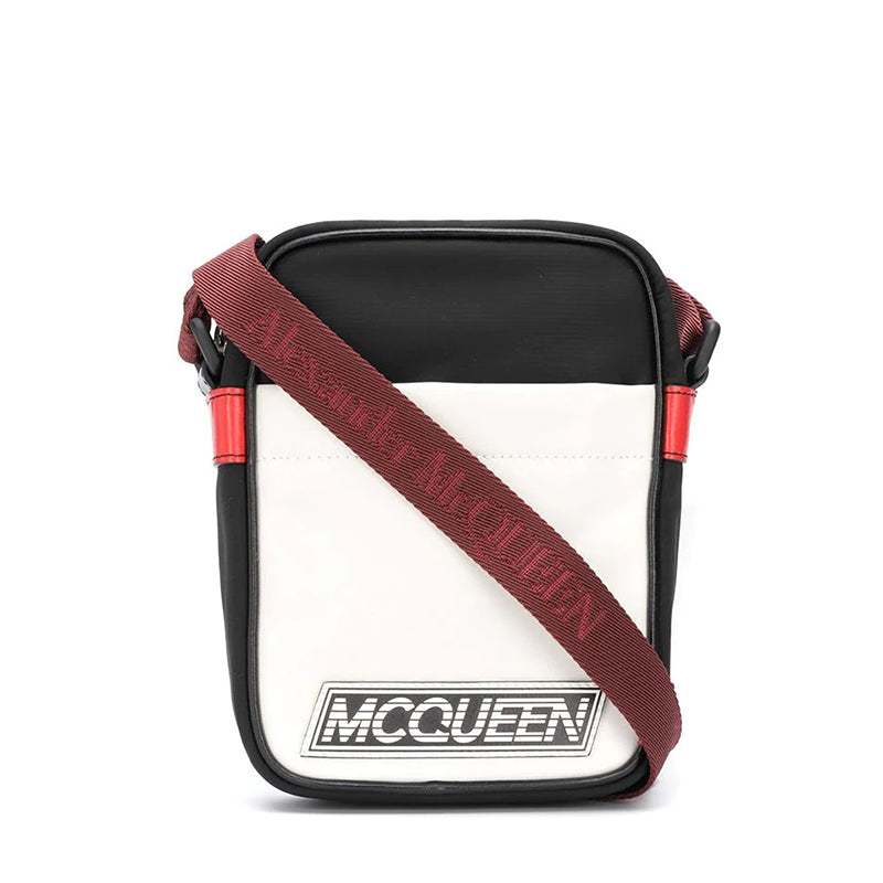 NEW $890 ALEXANDER MCQUEEN Black Nylon WHITE LEATHER SPORTY LOGO Crossbody BAG