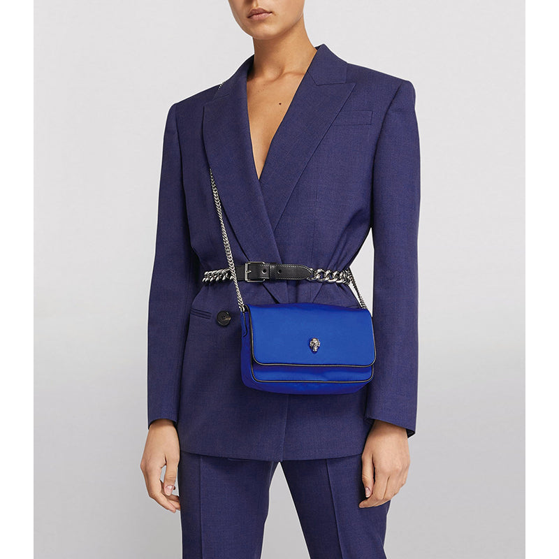 NEW $790 ALEXANDER MCQUEEN Ultramarine Blue Nylon CRYSTAL SKULL Camera Flap BAG