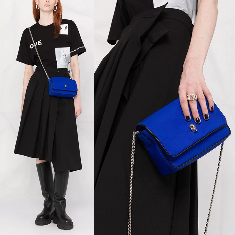 NEW $790 ALEXANDER MCQUEEN Ultramarine Blue Nylon CRYSTAL SKULL Camera Flap BAG